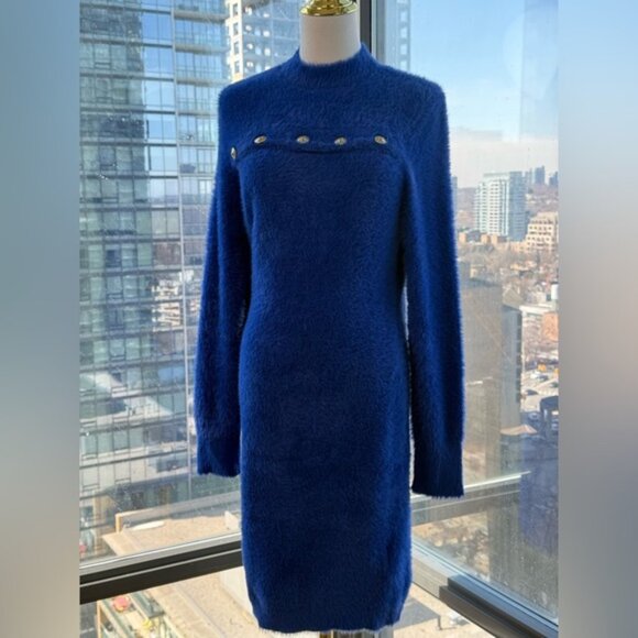 🆕 VERSACE JEANS COUTURE 🧿 NWOT Royal Blue Faux Fur Knit Dress, Buttons - Sz XL - Picture 3 of 16